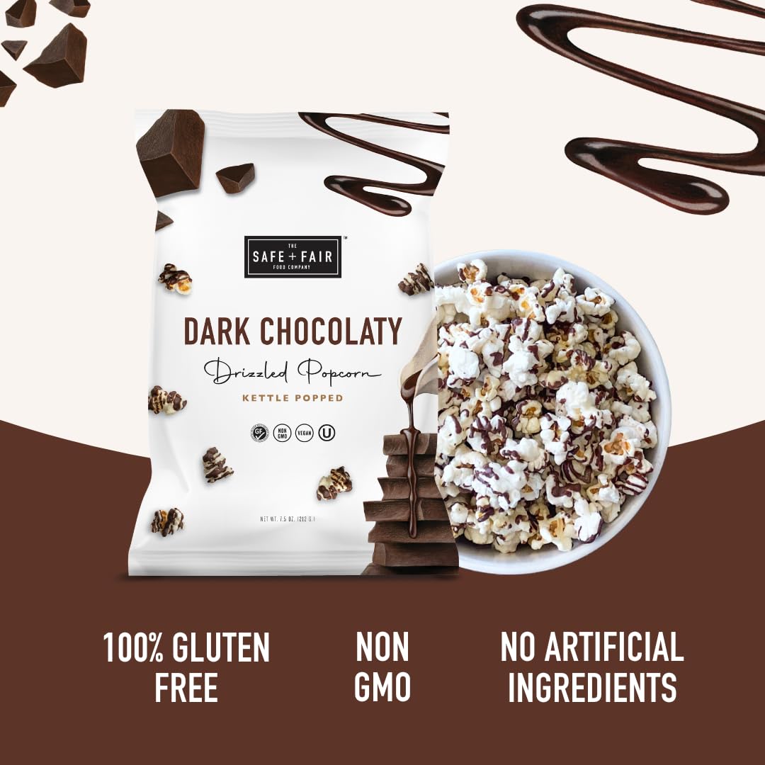 Safe + Fair Kettle Popped Gourmet Popcorn, Vegan Dark Chocolaty Drizzle, Free From Top 9 Allergens and Artificial Ingredients, 5.5 oz