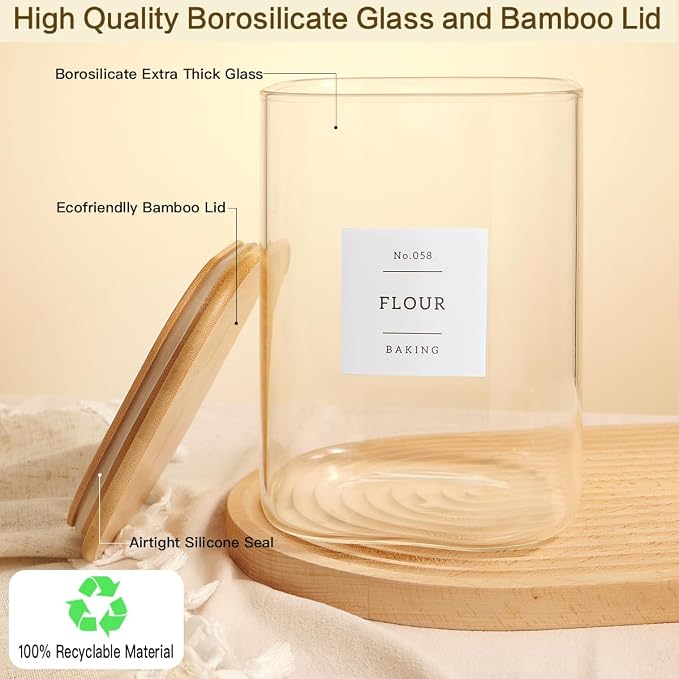 Large glass flour and sugar containers with 132 Kitchen Pantry Labels - 110 oz Glass Food Storage Containers with Airtight Lids - Square Glass Jars with Bamboo Lids for Rice, Pasta, Cookies, grain