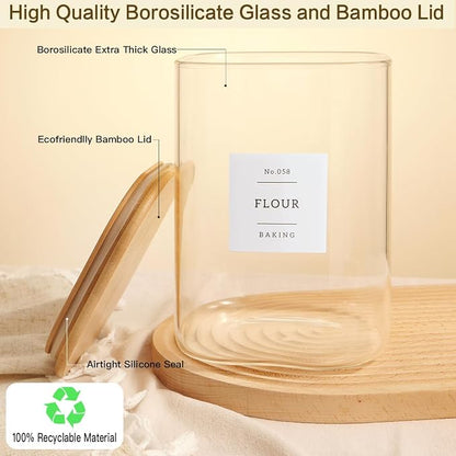 Large glass flour and sugar containers with 132 Kitchen Pantry Labels - 110 oz Glass Food Storage Containers with Airtight Lids - Square Glass Jars with Bamboo Lids for Rice, Pasta, Cookies, grain