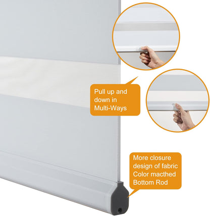 Persilux Cordless Zebra Roller Window Shades Free-Stop Roller Blinds (46" W X 47" H, White) Light Control for Day and Night, Light Filtering Sheer Roler Shades for Windows, Easy to Install
