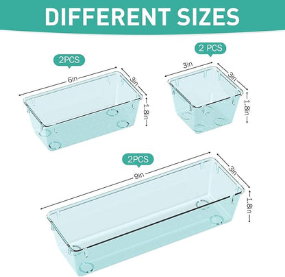 WOWBOX 6 Pack Clear Drawer Organizer Set, Acrylic Drawer Storage Trays, Storage Bins for Makeup, Cosmetics, Jewelries, Utensils, Gadgets, Office, Sea Blue