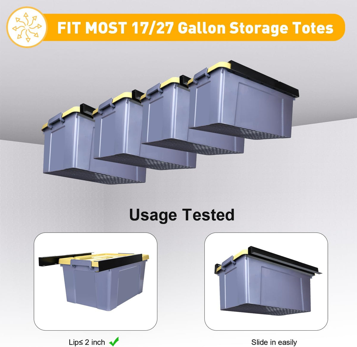 TOPOWN Overhead Garage Ceiling Bin Storage Rack, Heavy Duty Tote Slide Garage Storage System Overhead Tote Storage Rail System (for 4 Bins)
