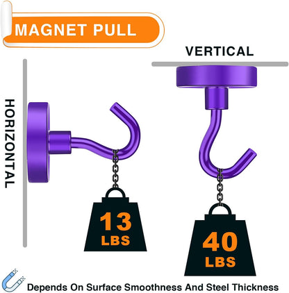 MIKEDE Magnetic Hooks, 40Lbs+ Heavy Duty Magnet Hooks for Cruise Cabins, Super Neodymium Hanging Hooks Strong Magnets with Hook for Fridge, Magnetic Hanger for Grill, Toolbox, Storage(Purple, 4 Pack)