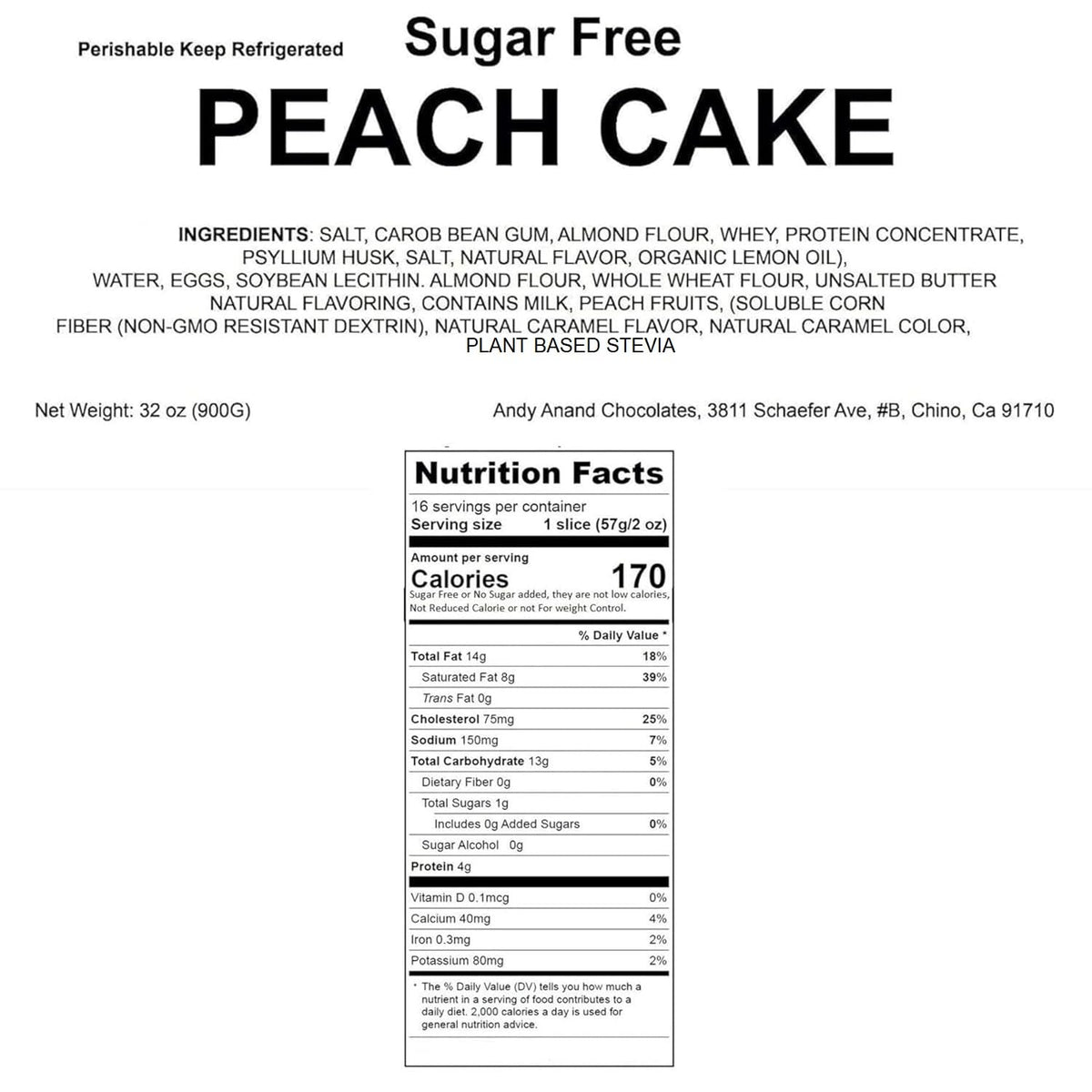 Andy Anand Sugar-Free Peach Glaze Cake, 2 lbs - Fresh, Gourmet, Handcrafted, No Preservatives, Diabetic-Friendly Dessert