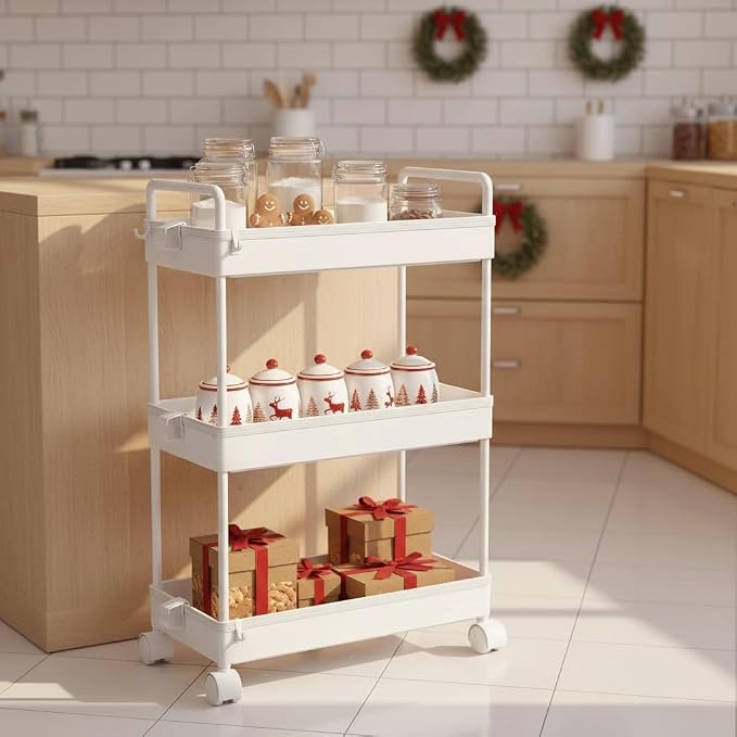 Ronlap 3 Tier Slim Rolling Storage Cart with Wheels Plastic Utility Cart Organizer for Snack Craft Art Postpartum Baby Diaper Nail Makeup in Bathroom Laundry Room Kitchen Bedside Narrow Space, White