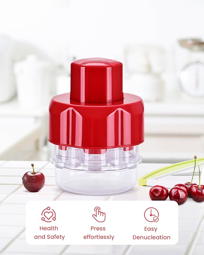 Cherry Pitter Tool, Multiple Fruit Seed Remover, 7-Cherry Capacity, Red and Clear