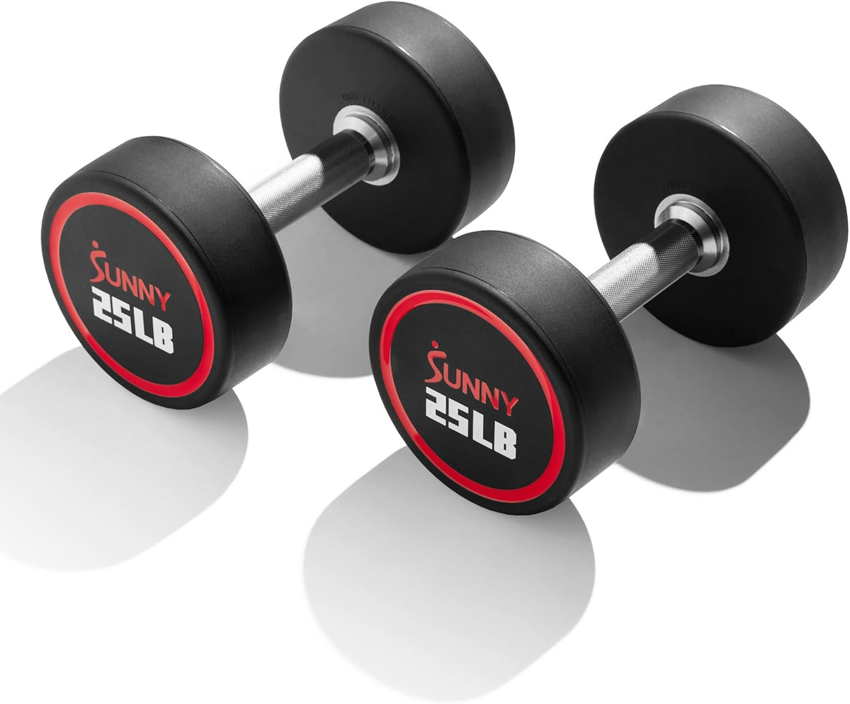 Sunny Health & Fitness Premium Polyurethane Commercial Grade Round Dumbbells with Diamond Knurled Handle, Durable Strength Training Equipment for Home Gym, 5-50LB
