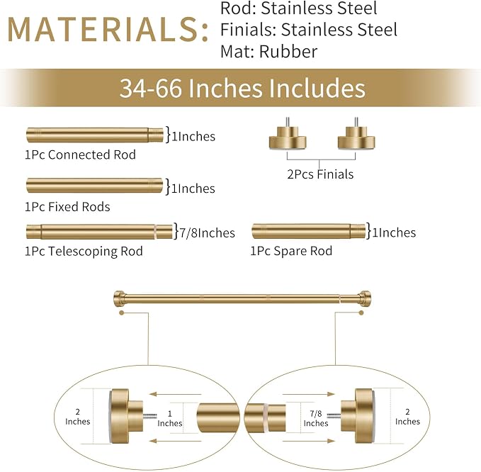 YNL Tension Shower Curtain Rod 34-66 Inch, Adjustable Spring Tension Curtain Rod No Drilling, Non-Slip, Never Rust, Stainless Steel, for Small Window Laundry Door Entryway, Gold