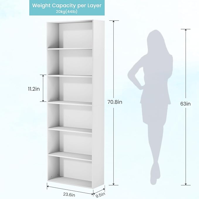 GRUSIGN 71" Tall 6-Tier Bookshelf, Large Open Display Bookcase with Ample Storage, Floor Standing Book Shelf for Living Room, Home Office, Bed Room, White
