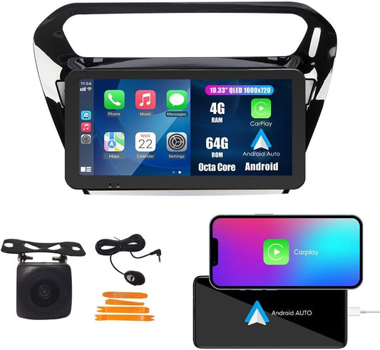 Kunfine Car CarPlay Android Auto Navigation Stereo GPS Radio Camera Display 10.33" QLED Touchscreen Headunit Tablet Media Player for Peugeot 301 2013-2022, if Applicable Octa Core 4G+64G Gloss Black