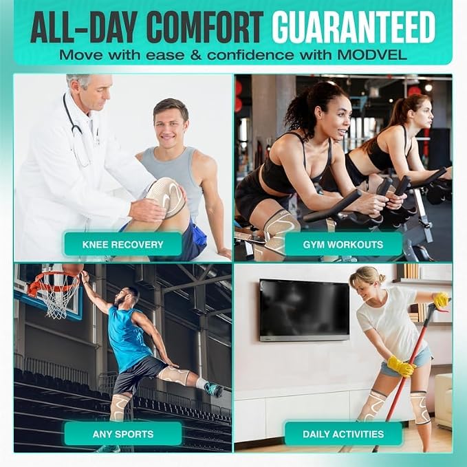 Modvel 2 Pack Knee Brace for Women & Men - Workout Knees Compression Sleeve for Knee Pain Relief Joint Support for ACL, Arthritis, Meniscus Tear Knees Brace for Sports, Rodilleras para Gym Fitness