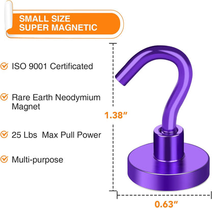 MIKEDE Magnetic Hooks Heavy Duty, 28LB+ Strong Magnets with Hook for Fridge, Neodymium Extra Strength Industrial Hooks for Hanging, Magnetic Hanger for Toolbox, Cruise, Grill (Purple, 4 Pack)