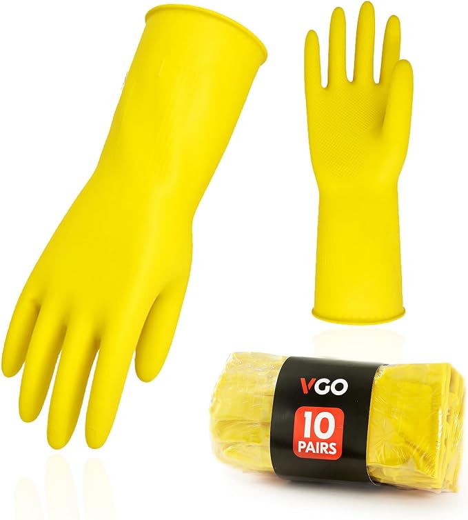 Vgo... 10-Pairs Reusable Household Gloves, Rubber Dishwashing gloves, Extra Thickness, Long Sleeves, Kitchen Cleaning, Working, Painting, Gardening, Pet Care (Size XL, Yellow, HH4601)