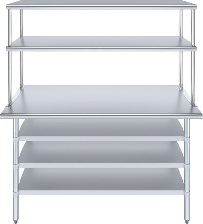 Amgood 24" x 60" Stainless Steel Work Table with 3 Shelves and 18" Wide Double Tier Overshelf | Metal Kitchen Prep Table & Shelving Combo | NSF