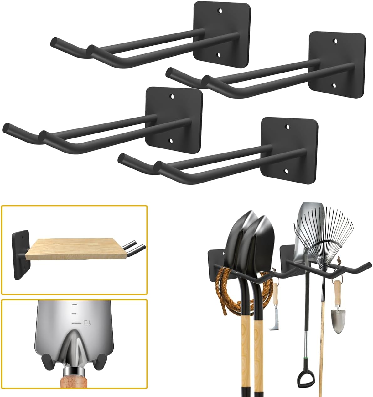 Garage Storage Hooks Heavy Duty Steel Tool Organizer Wall Mount Hangers Hooks Racks for Ropes Hoses and Garden Yard Tools Organization Holder Bulk Items Hanging Tool 9 Inch 4 Pack Holds 280 Pounds