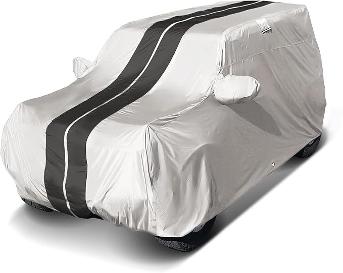 iCarCover Premium Heavy Duty SUV Car Cover - Waterproof All Weather Rain Snow UV Protection, VW ID.4, XT4, Corsair, CR-V, Forester, Q4, 4Runner, Size S51 (See Size Chart), Stripe - Light Gray/Black