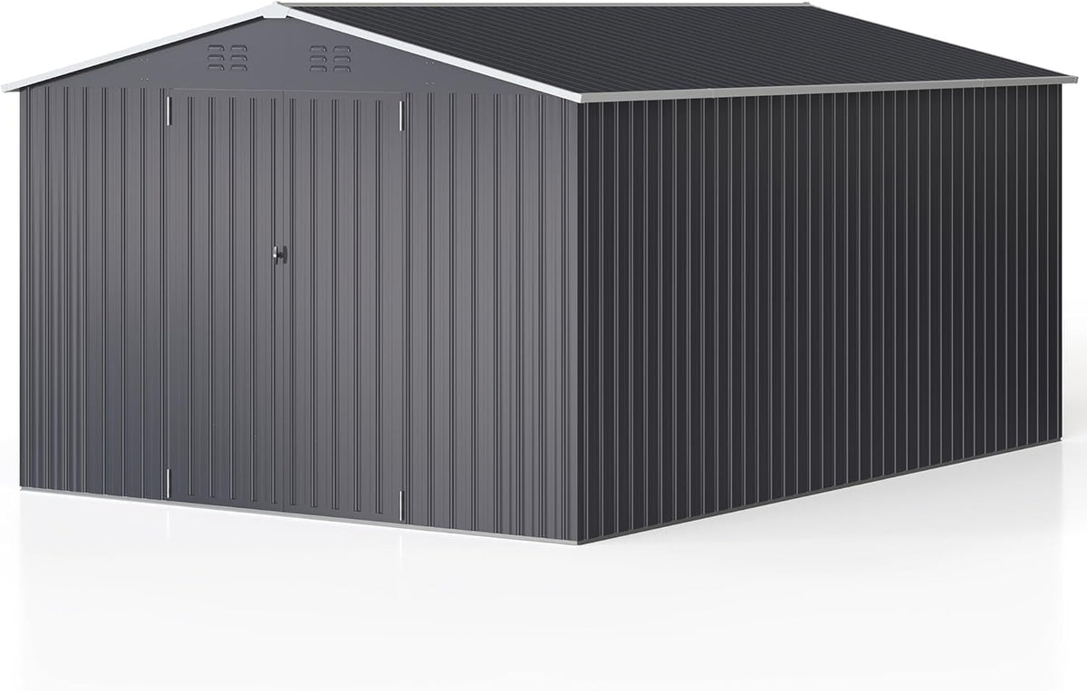 WKM 10x14 FT Outdoor Storage Shed, Utility Metal Tool Storage with Lockable Doors and Updated Frame Structure, Metal Garden Shed for Backyard, Patio Lawn, Black