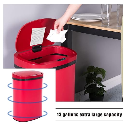 13 Gallon 50 Liter Garbage Can Kitchen Trash Can with Lid Automatic Sensor Touch Free Stainless Steel Waste Bin for Bathroom Bedroom Home Office,Red