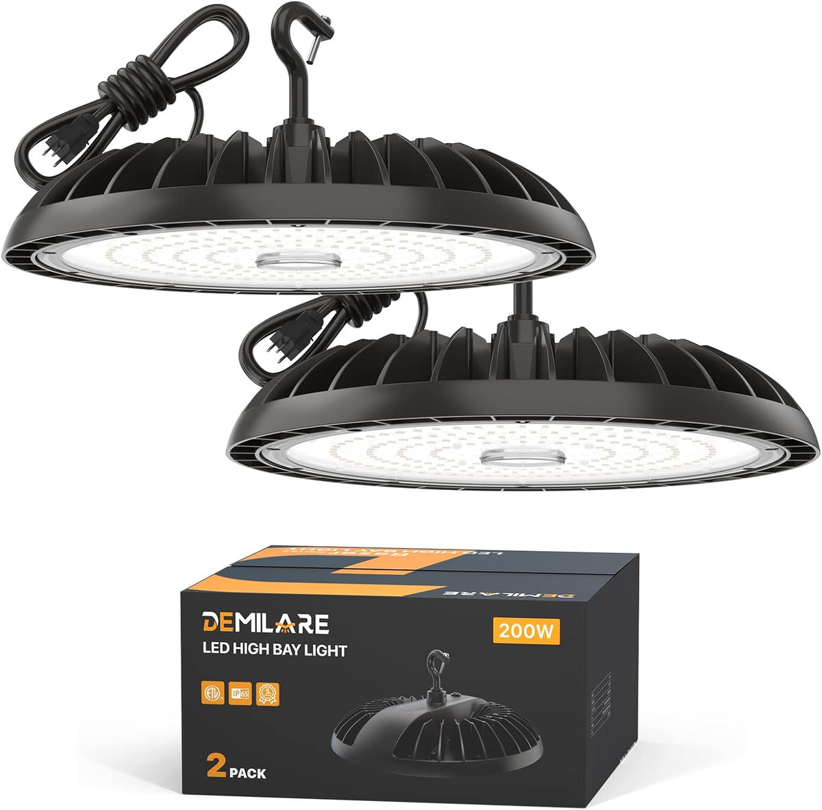2 Pack LED High Bay Light 200W 30000 lm, 5000K UFO High Bay Led Shop Lights ETL Listed US Hook 5' Cable Plug, 800W MH/HPS Eqv. Commercial Lighting for Workshop, Garage, Warehouse 100-277V