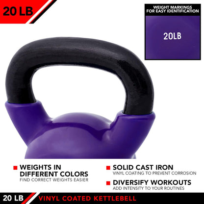 JFIT Kettlebell Weights Vinyl Coated Iron - 12 Size Options, 5lbs-50lbs - Coated for Floor and Equipment Protection, Noise Reduction, Ballistic, Core, Weight Training