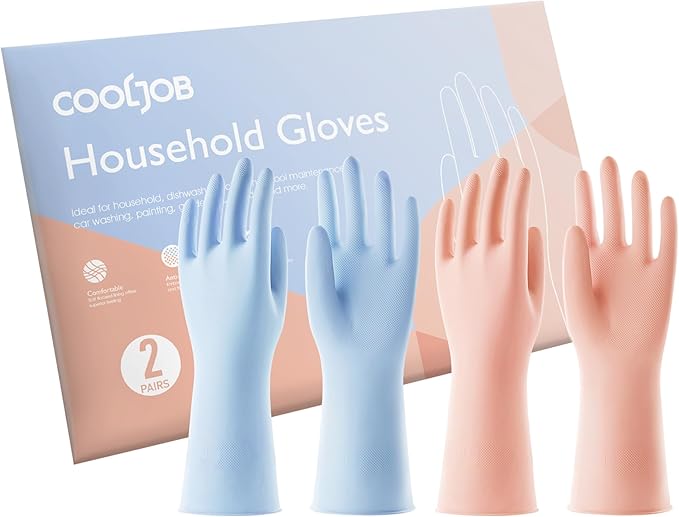 COOLJOB 2 Pairs Thickened Rubber Gloves with Cotton Lining & Non-slip Grip, Colorful Household Long Lasting Dishwashing Gloves for Kitchen & Bathroom Cleaning, Orange & Blue, Small