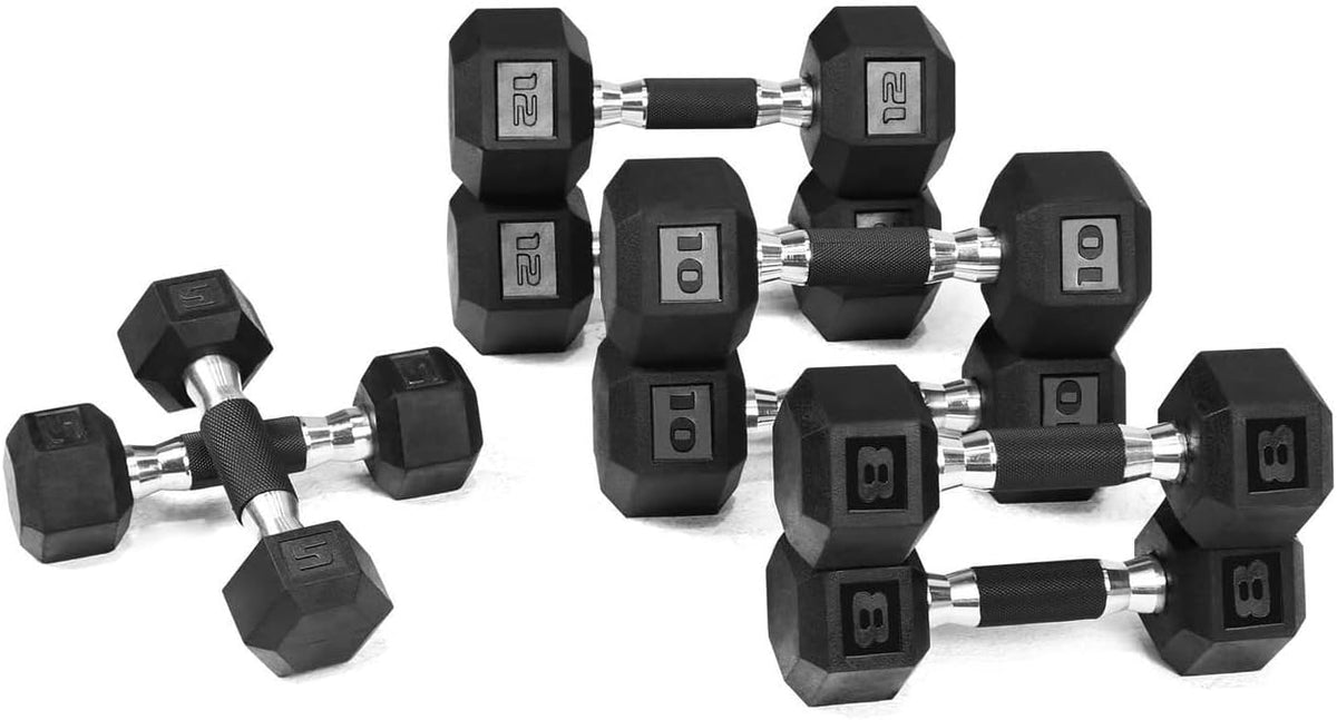 WF Athletic Supply Rubber Encased Hex Dumbbells with Rubber Grip Contoured Handle for Muscle Toning, Strength Building & Full Body Workout