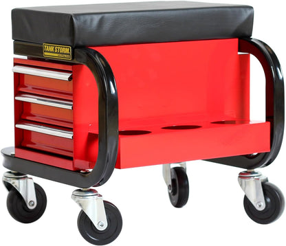 Tool Box Built-in Creeper Seat, Garage Shop Roller Seat, 3 Drawers Heavy Duty Tool Chest with 4 Rolling Casters-350 Lbs Capacity