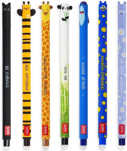 LEGAMI - Set of 7 Erasable Gel Pens with Thermosensitive Erase Ink, Range of ink colours & barrel designs, 0.7mm Tip, Cat, Bee, Monster, Giraffe, Panda, Shark, Hippo Designs
