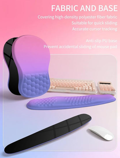 Hokafenle 2in1 Combination, Wave Keyboard Wrist Rest and Ergonomic Curvature Mouse Pad Wrist Support for Relieve Wrist Pain, Filled with Soft Cushion Memory Foam, Gradient Blue Purple