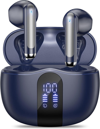Wireless Earbuds, 2025 Bluetooth 5.4 Bass Stereo Headphones with 4 ENC Mic, 50H Playback Ear Buds with Charging Case LED Display,Sport Earphones IPX7 Waterproof for Phone, Android, Pad, Blue