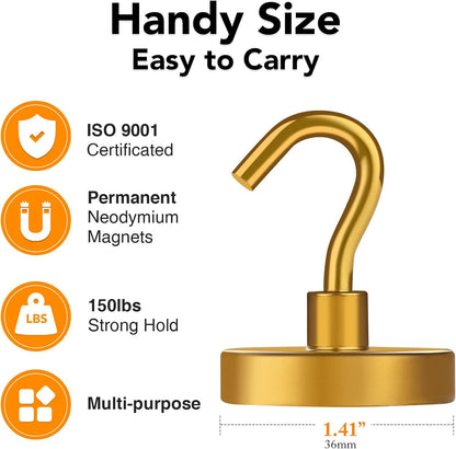 MIKEDE Magnetic Hooks,150LB Heavy Duty Magnets with Hook, Super Strong Magnets Neodymium Extra Strength Hooks for Hanging, Magnetic Hanger for Cruise(Yellow, 10 Pack)