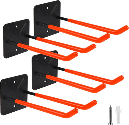 Steel Garage Storage Hooks Wall Tool Organizer, 10 Inch Garage Hook Heavy Duty Utility Storage Hangers Orange for Ladders, Chairs, Garden Tools, Set of 4