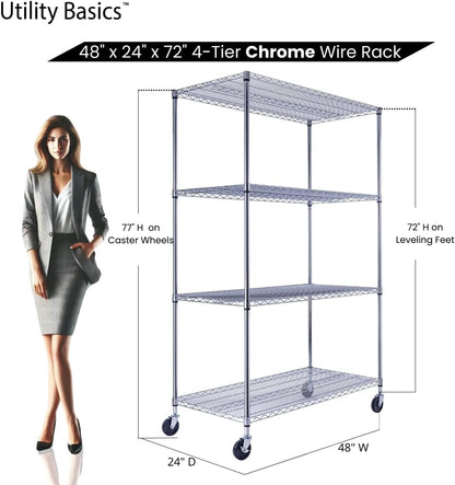 48"x24"x72" Chrome Premium Metal Steel Wire Shelving 4-Tier NSF 3200 LBS MAX Capacity Heavy Duty Storage Rack for Garages, Commercial Spaces, Hospitals, & Schools w/Premium Wheels