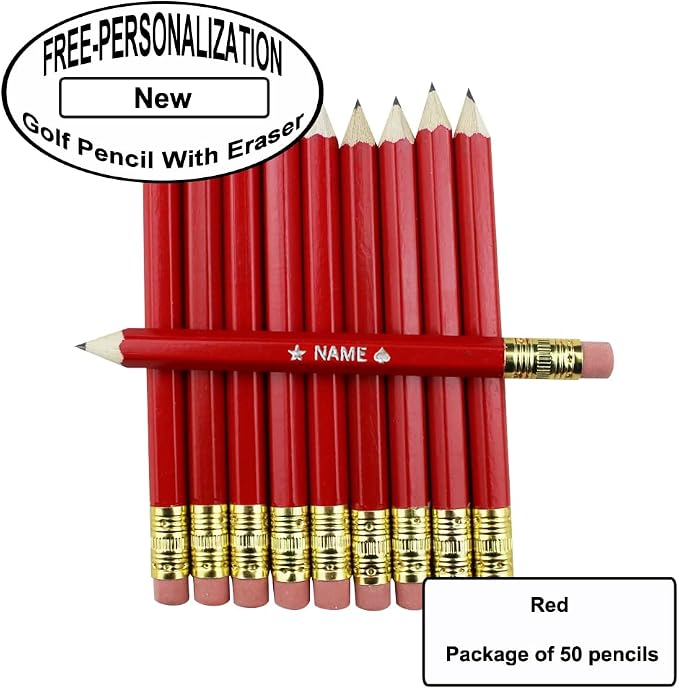 EZPENCILS & GIFTS - Golf Pencils Tipped with Eraser (1/2 a Pencil - Pew Pencils) - Red Colored Barrel - FREE-PERSONALIZATION - 2HB Black Lead - Custom Text - Non-Smear Eraser – Package of 50