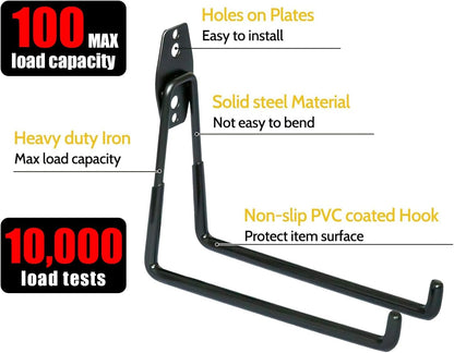 WMK 7.3'' Heavy Duty Garage Hooks, 6 Pack Wall Mount Garage Storage Hooks for Hanging Bike, Ladder, Tools - 100LB Load Capacity, Triple-Welded, PVC Coated (Black)