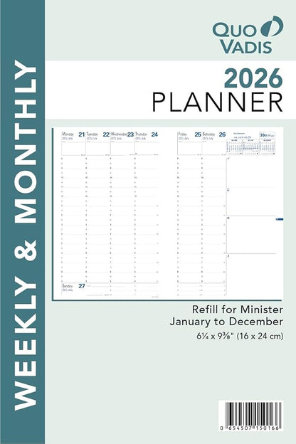 Quo Vadis 2026 Refill for Minister - Weekly/Monthly Planner - 12 Months, Jan. to Dec. - 6 1/4 x 9 3/8" - Time Management Appointment Organizer