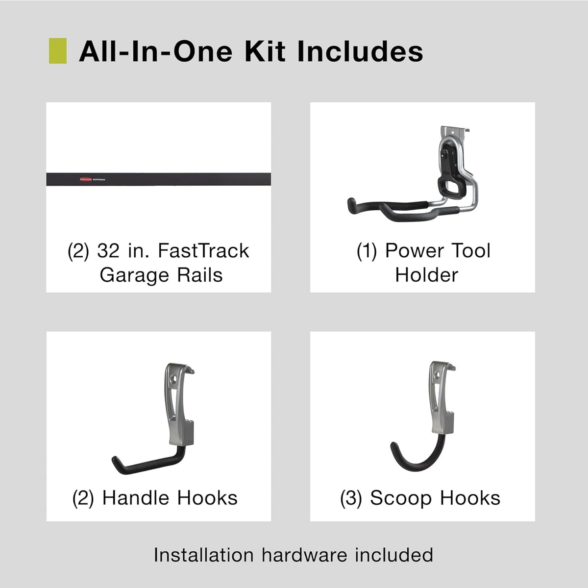 Rubbermaid Garage FastTrack 8-Piece Small Kit Black/Grey All-in-One Rail & Hook Wall Hanging Kit Wall Mounted Storage Solution for Home/Garage