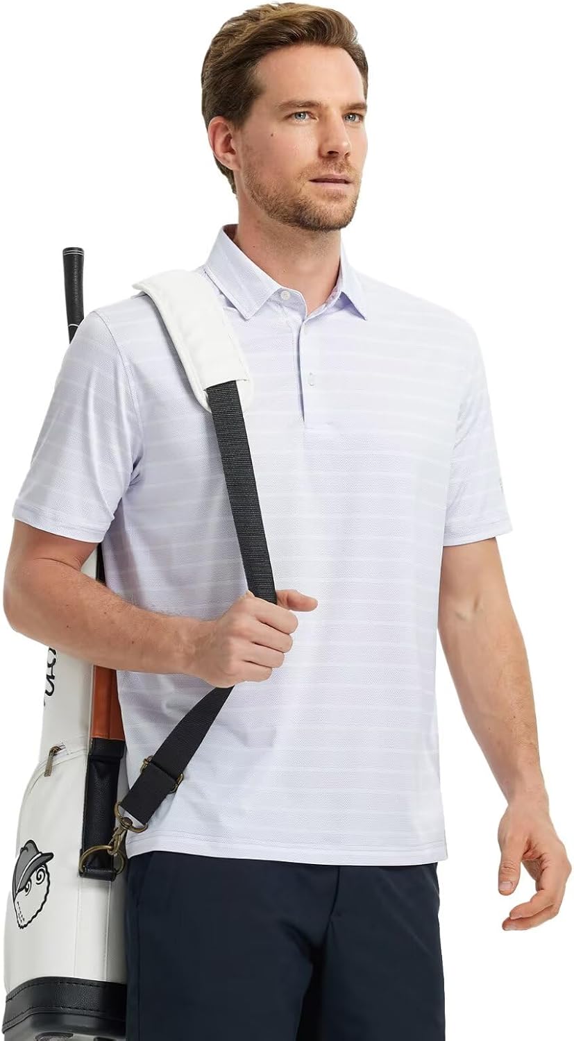 M MAELREG Golf Shirts for Men Short Sleeve Dry Fit Casual Striped Performance Moisture Wicking Collared Mens Polo Shirts