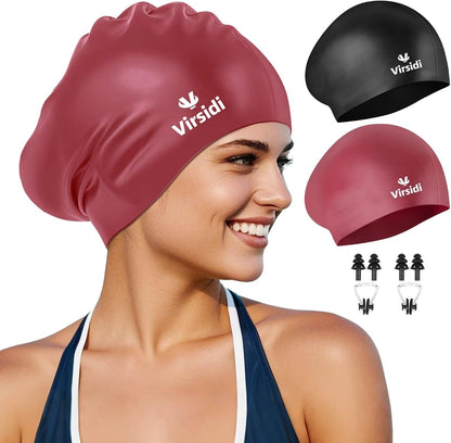 2 Pack Swim Cap for Women Men Adult, Silicone Swimming Caps for Short Long Hair, Waterproof Swim Hats Bathing Caps to Keep Hair Dry with Nose Clip and Earplugs