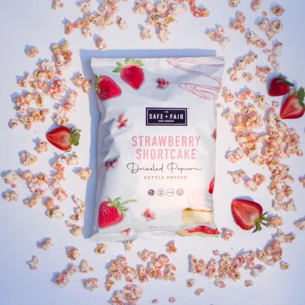 Safe + Fair Plant-Based Gourmet Strawberry Flavored Popcorn - Strawberry Shortcake Drizzled Kettle Corn Popcorn - Non-GMO + Gluten-Free Snacks 5.5oz,6 Pack