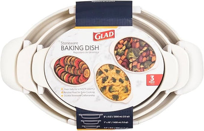 Glad Baking Dish Set, 3pc - Oval Stoneware Casserole Dishes for Oven and Microwave - Nesting Bakeware Set with Handles (11.5'', 10'', and 8.5''), Dishwasher Safe