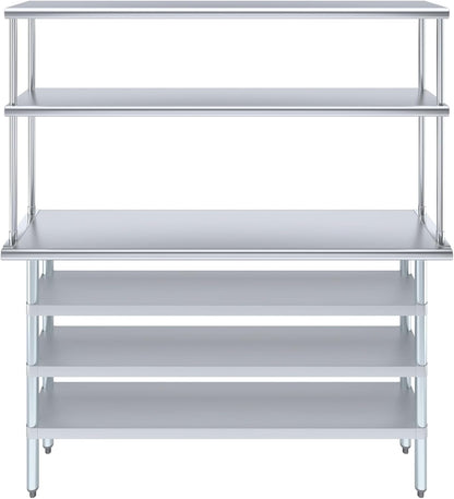 Amgood 14" x 60" Stainless Steel Work Table with 3 Shelves and 12" Wide Double Tier Overshelf | Metal Kitchen Prep Table & Shelving Combo | NSF