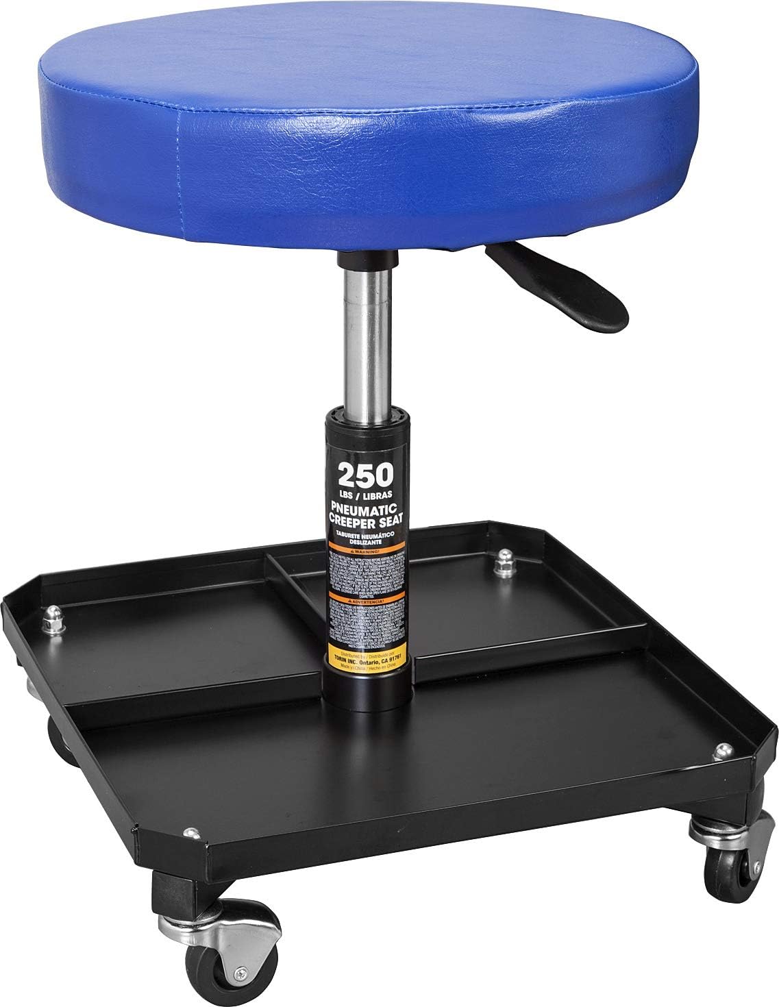 TCE ATR6350U Torin Rolling Pneumatic Creeper Garage/Shop Seat: Padded Adjustable Mechanic Stool with Tool Tray Storage, Blue