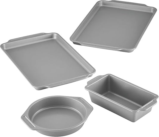 Farberware Steel Nonstick Baking, Includes Cookie, Loaf/Meatloaf, Cake Pan, 4 Piece Non Stick Bakeware Set, Gray