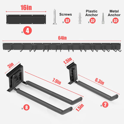 Wall-Mounted Garage Tool Organizer: 64 Inch Heavy-Duty Garden Rack & Wall Storage System - 4 Rails 10 Non-Slip Hooks for Folding Chairs, Ladders & DIY Tools