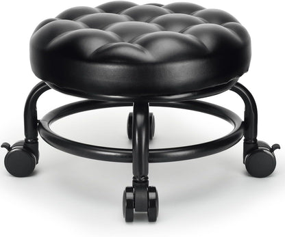 Low Height Rolling Stool Roller Stool PU Leather Comfortable Seat 360°Swivel Rotating, Modern Rolling Chair for Home Office Garage Shop
