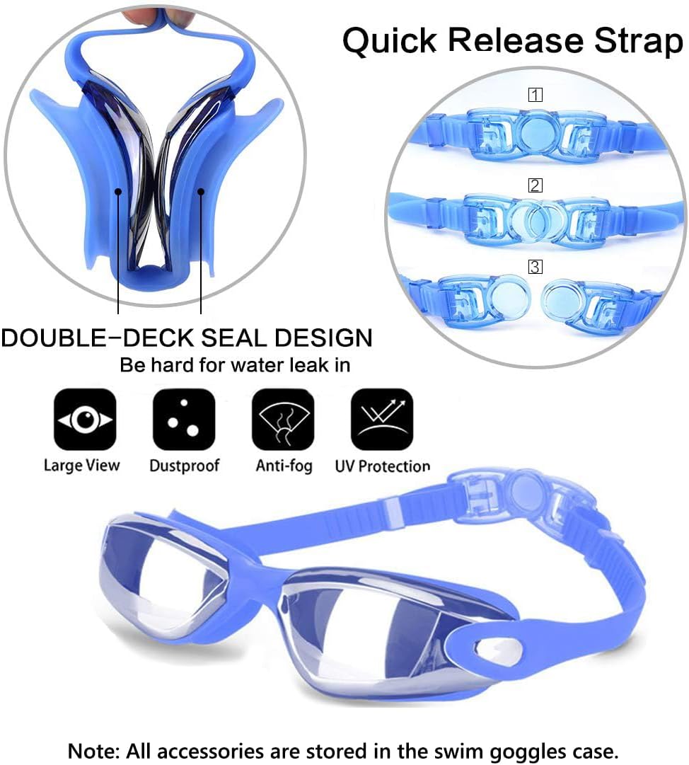 Swim Goggles Swimming Goggles No Leaking with Nose Clip, Earplugs, Swim Cap and Case for Men Women
