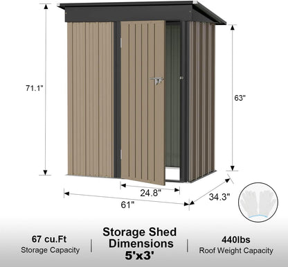 JUMMICO Metal Outdoor Storage Shed 5 x 3 FT Metal Shed with Lockable Door,Waterproof Garden Tool Shed Storage House for Backyard Patio Lawn, Brown