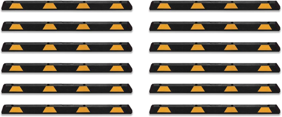 Zento Deals Rubber Parking Curb Garage Car Stopper - Parking Wheel Stopper Block 72” Wide Easy to Install, Black/Yellow Reflective Parking Block; for Car, Truck, Trailer and RV (Black/Yellow 12pack)