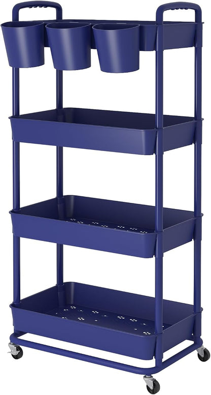 JIUYOTREE 4-Tier Plastic Rolling Storage Cart Utility Cart with Extra Hanging Cups Handles Lockable Wheels for Living Room Bathroom Kitchen Office Blue